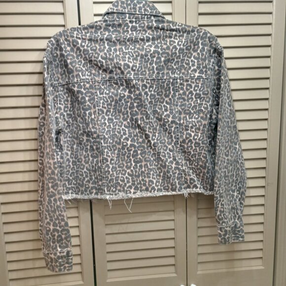 Free People Leopard Print Denim Cropped Raw Hem Jacket, S. - Picture 2 of 4